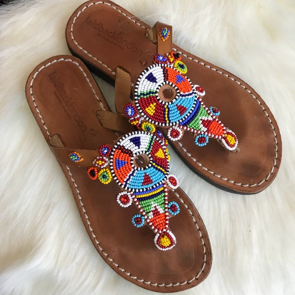 Laidback London flower Beaded Toe Sandal Size EU 41 US 10 Light Brown  Leather iuu.org.tr